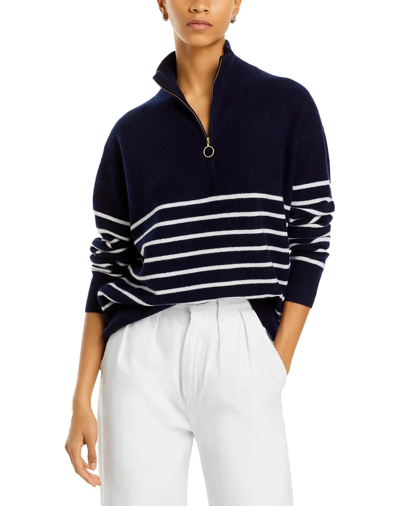 100% Cashmere Mock Neck Quarter Zip Striped Sweater