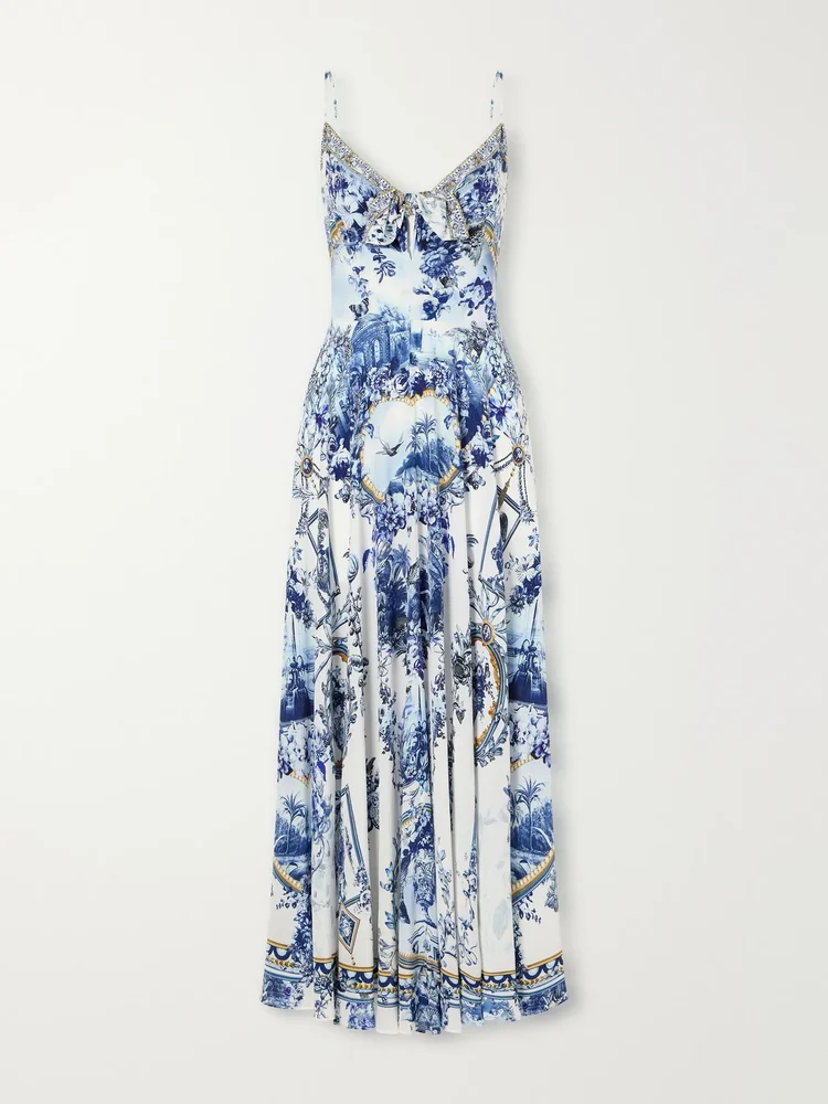 Porcelain Parlour tie-detail crystal-embellished printed silk maxi dress