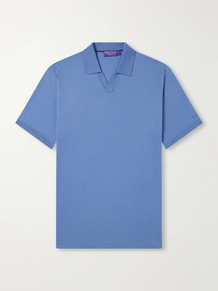 Johnny-Collar Cotton and Cashmere-Blend Piqué Polo Shirt