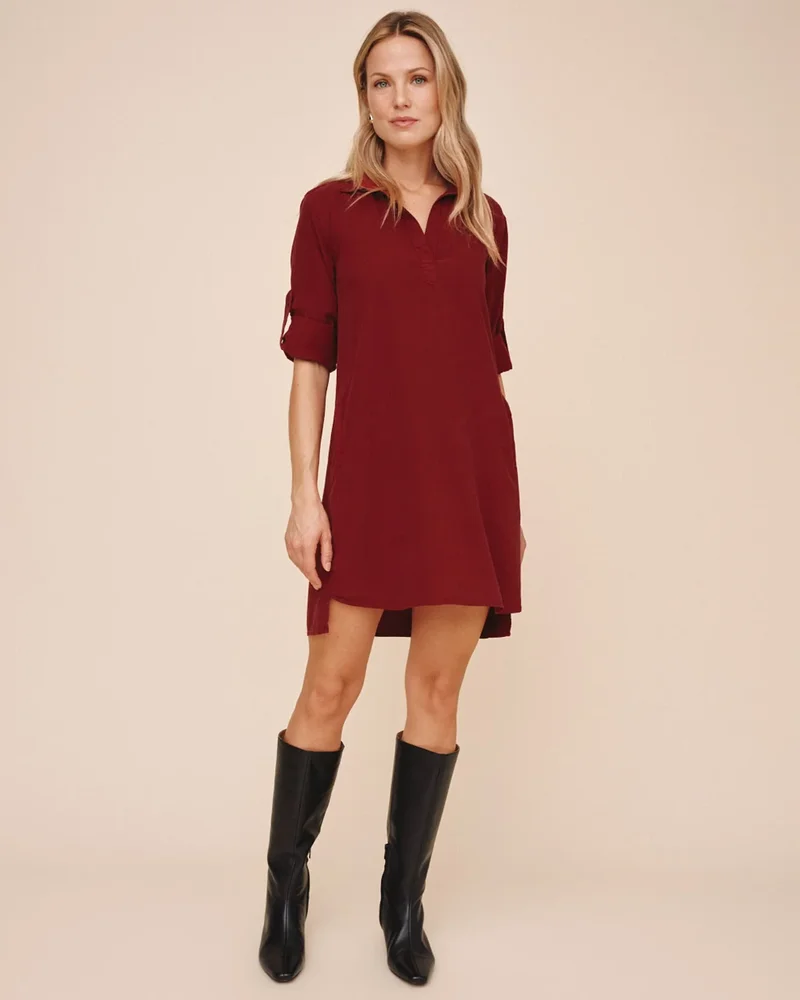 Belladahl A Line Rolled Tab Sleeve Dress - Deep Crimson