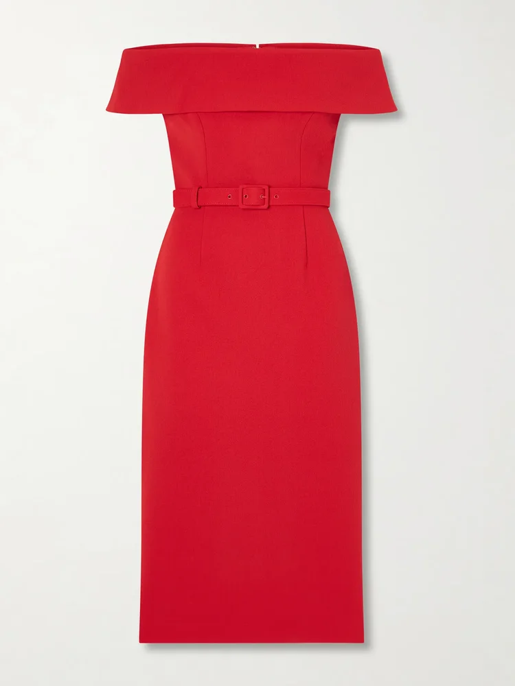 Precious off-the-shoulder belted crepe midi dress