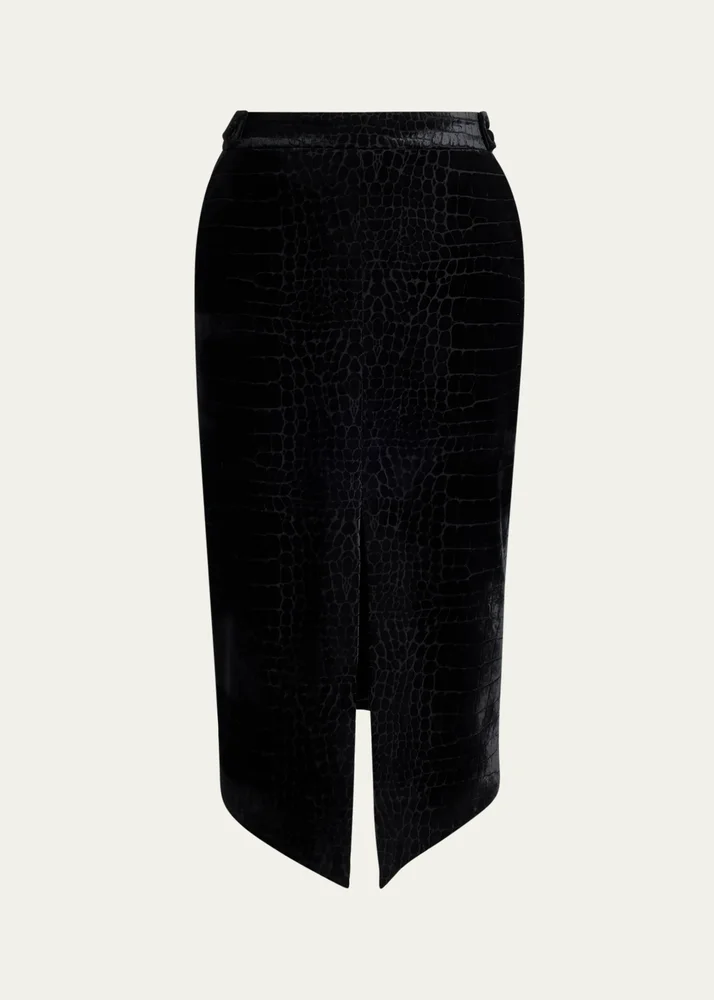 Croco-Embossed Velvet Midi Skirt
