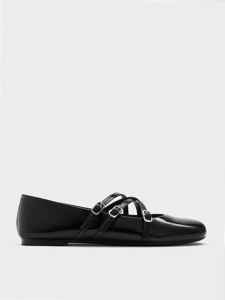 Patent Triple-Strap Mary Jane Flats, Black Patent