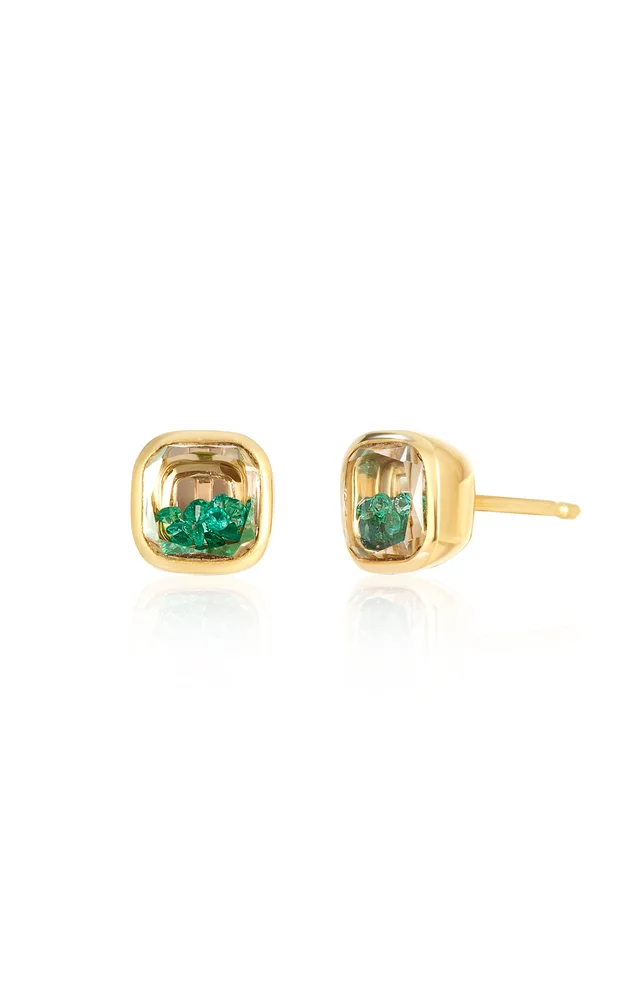 18k Yellow Gold Neue Cushion Stud Earrings Emerald