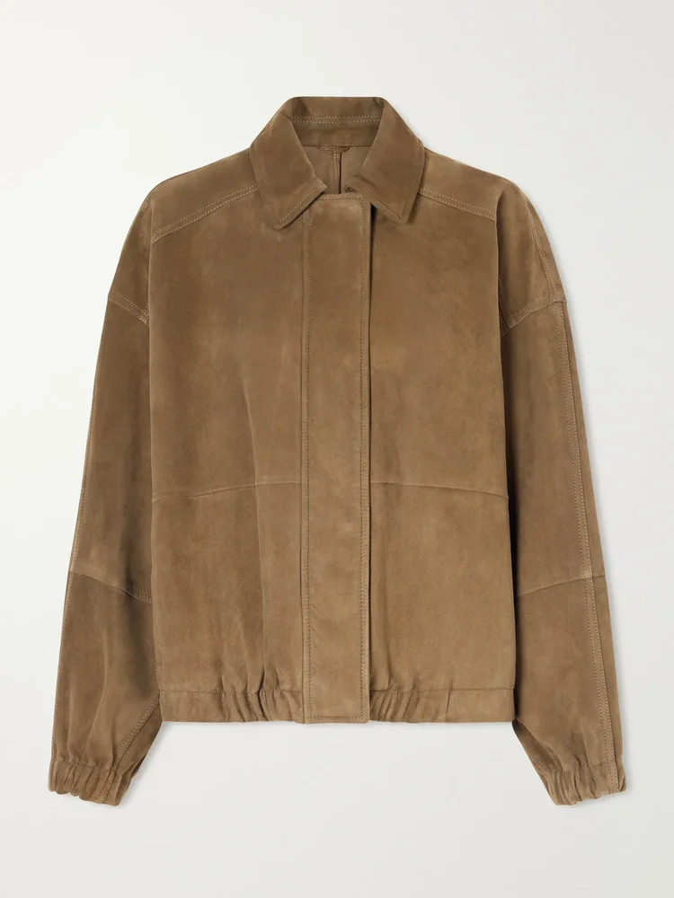 Paneled suede bomber jacket