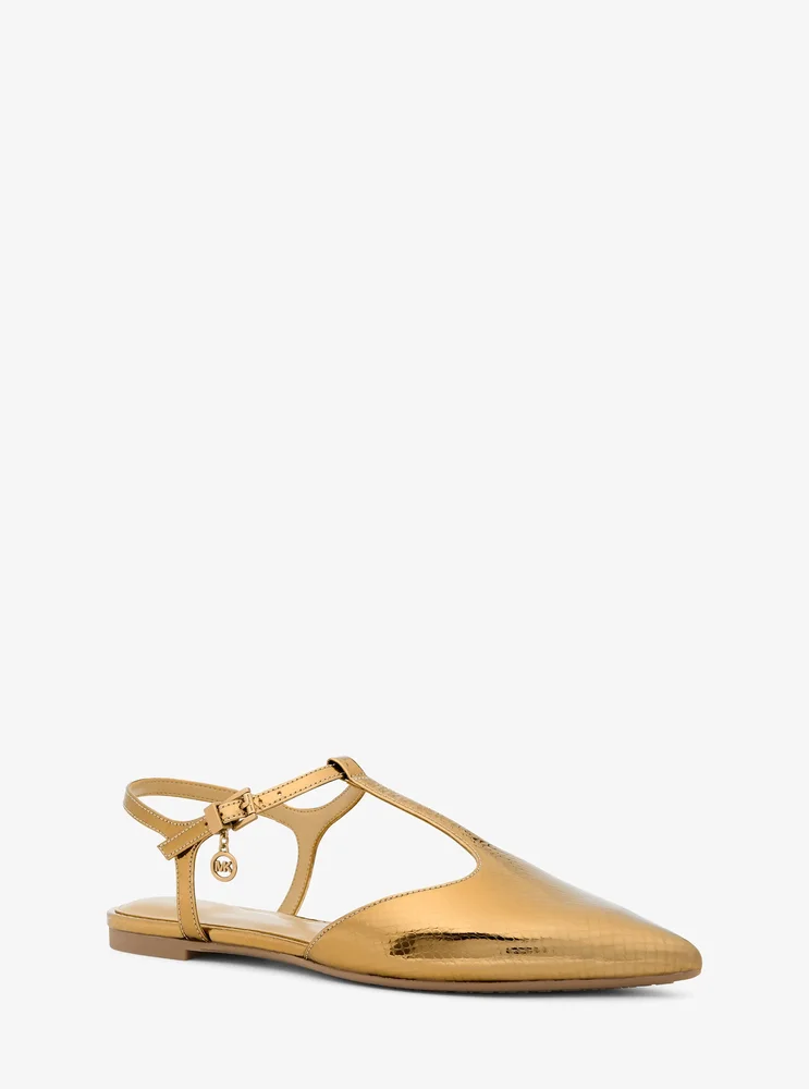 Cherie Snake Embossed Metallic Leather T-Strap Flat