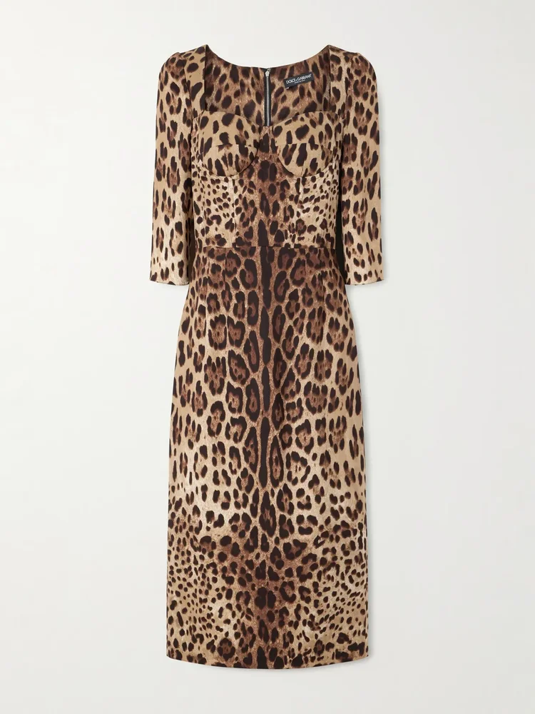 leopard print stretch silk midi dress
