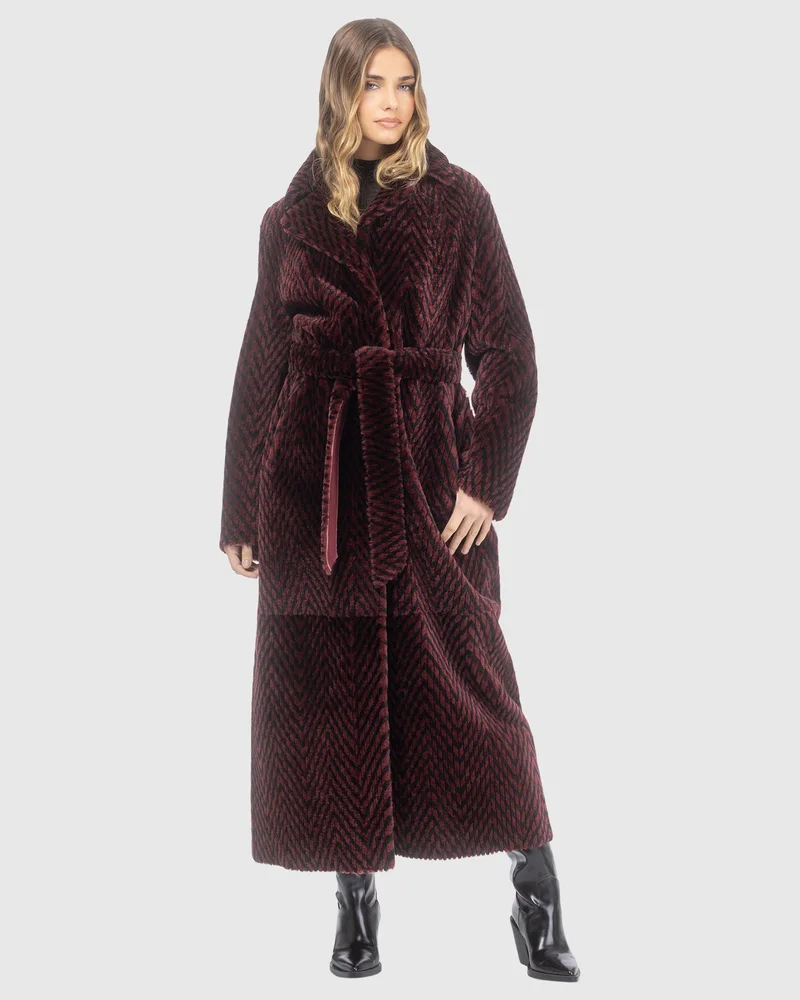 Reversible Chevron Printed Grooved Shearling Lamb Coat with Belt