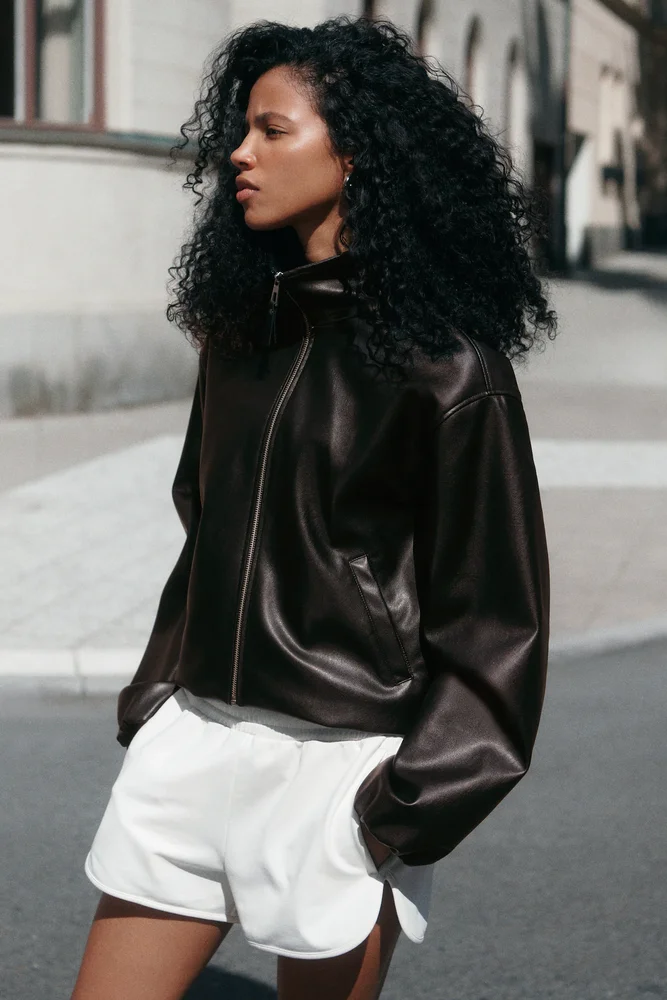 Women's Dark brown Coated Funnel-Collar Jacket