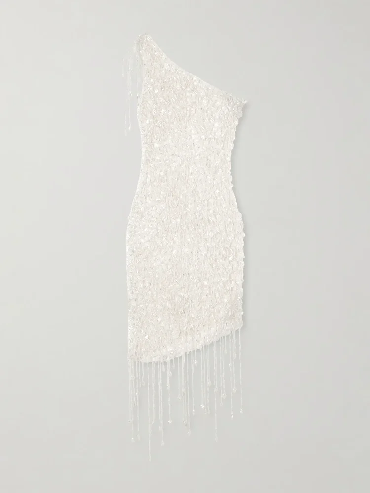 Naia asymmetric embellished open-knit cotton mini dress