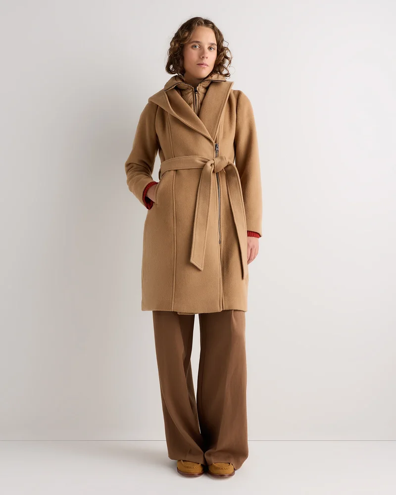 Wool Cashmere Hooded Wrap Coat with Removable Down Bib