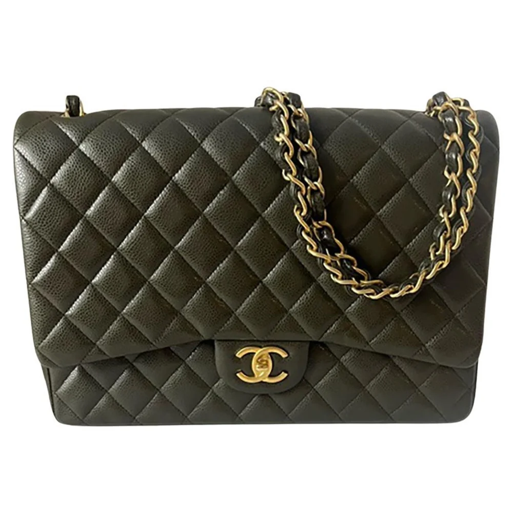 Pre-Owned Dark Green Caviar Leather Double Flap Maxi Bag