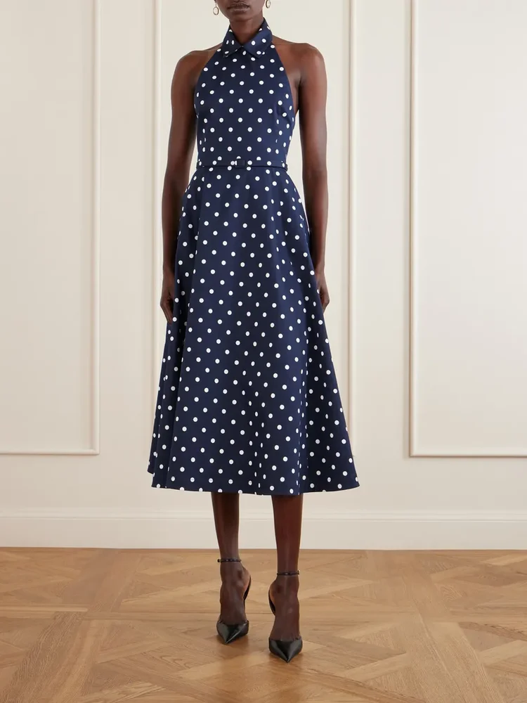 Belted halter-neck polka-dot cotton-blend twill midi dress