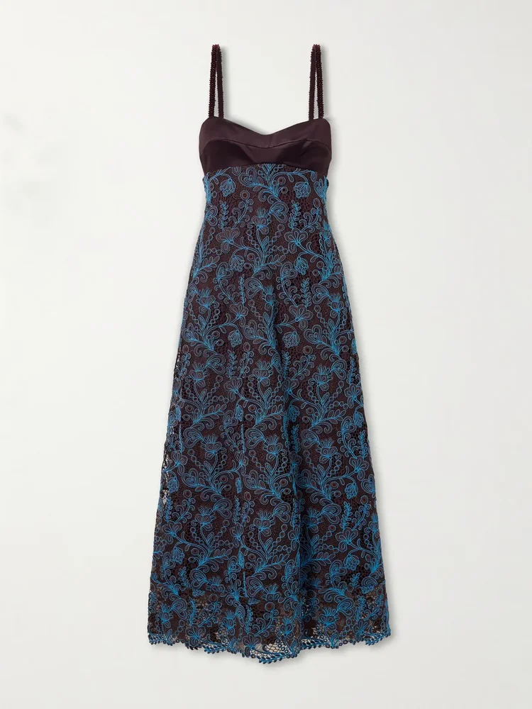 Francine bead-embellished satin-trimmed guipure lace midi dress