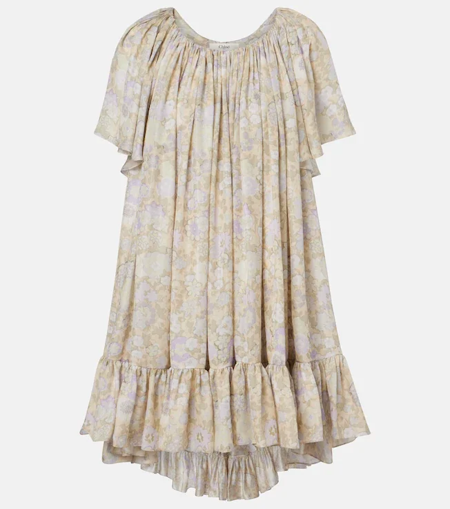 Floral ruffled silk charmeuse minidress