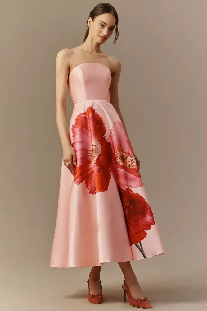Pink Floral Strapless A-Line Midi Dress