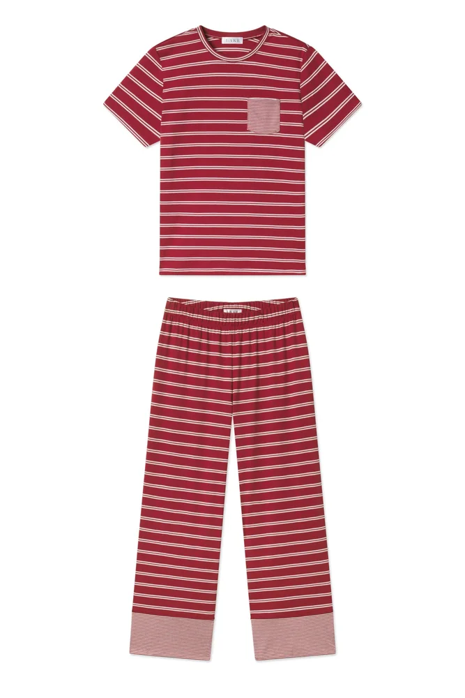 Pima Crew Wide Leg Pajama Set in Garnet Tidal Stripe