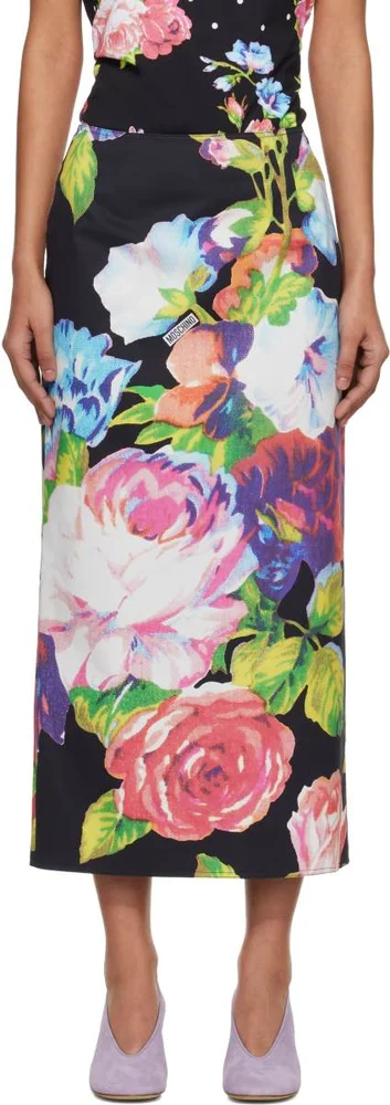 Black Printed Stretch Cotton Midi Skirt