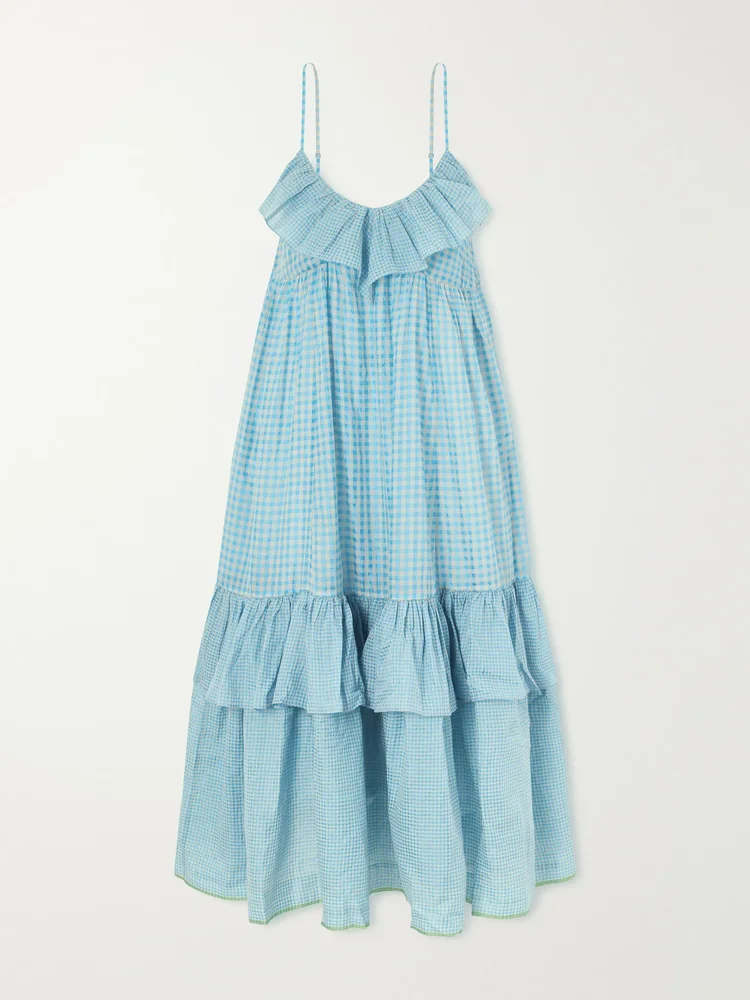 Teek ruffled tiered checkered cotton silk dress