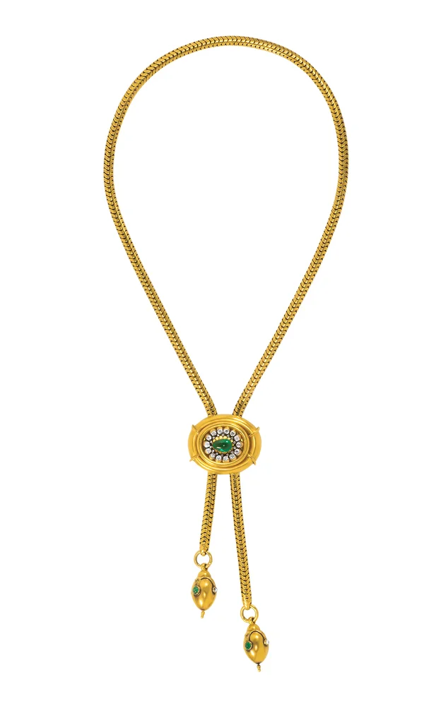 Antique 18K Yellow Gold Emerald, Diamond Victorian Sautoir