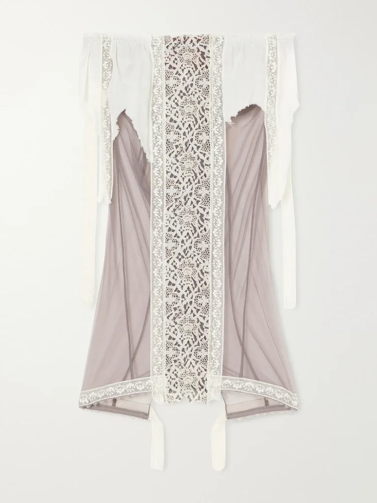 Past Edges lace-trimmed mesh midi skirt