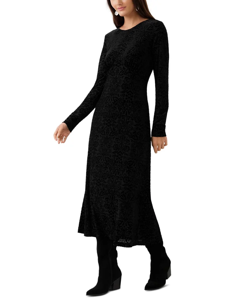 Black Dress: Velvet Burnout Long Sleeve Midi Dress