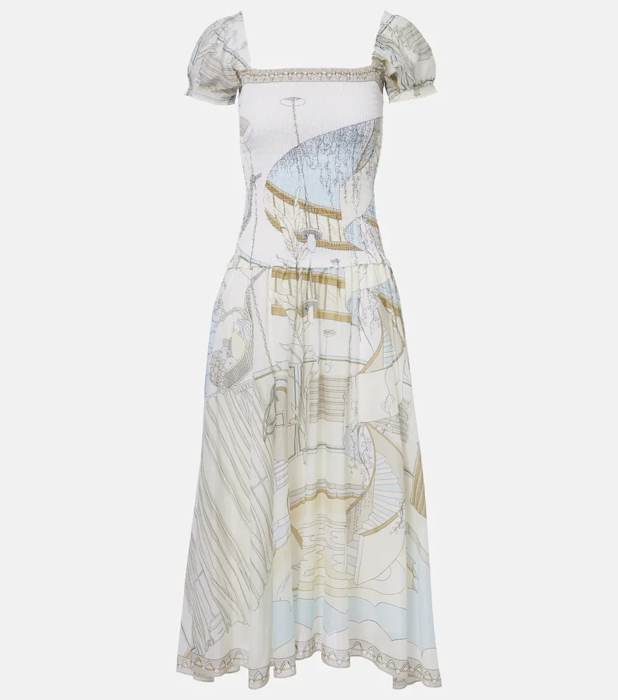 Printed shirred silk and cotton midi dress