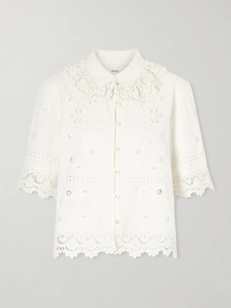 Talia broderie anglaise cotton and linen-blend shirt