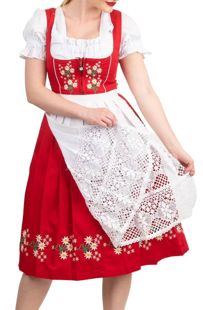 Long Red Dirndl Set – German Dress with Floral Embroidery, Lace Apron
