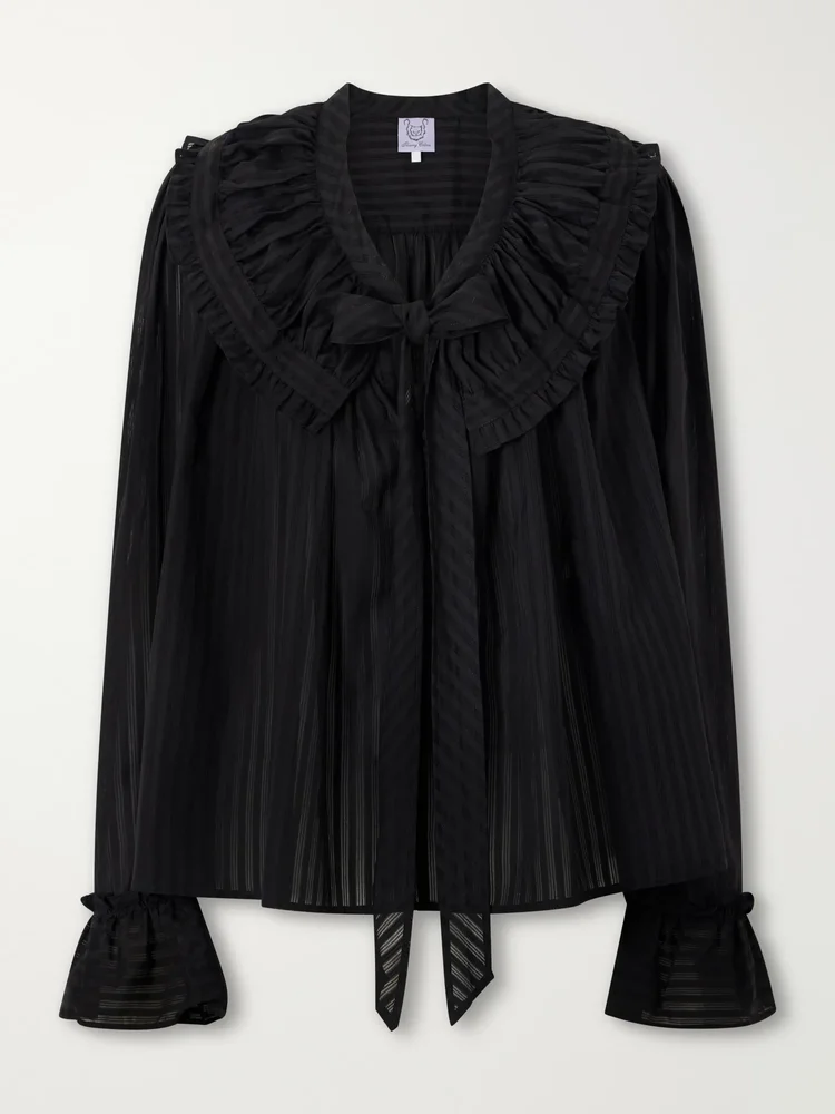 Dauphine ruffled striped cotton-voile blouse