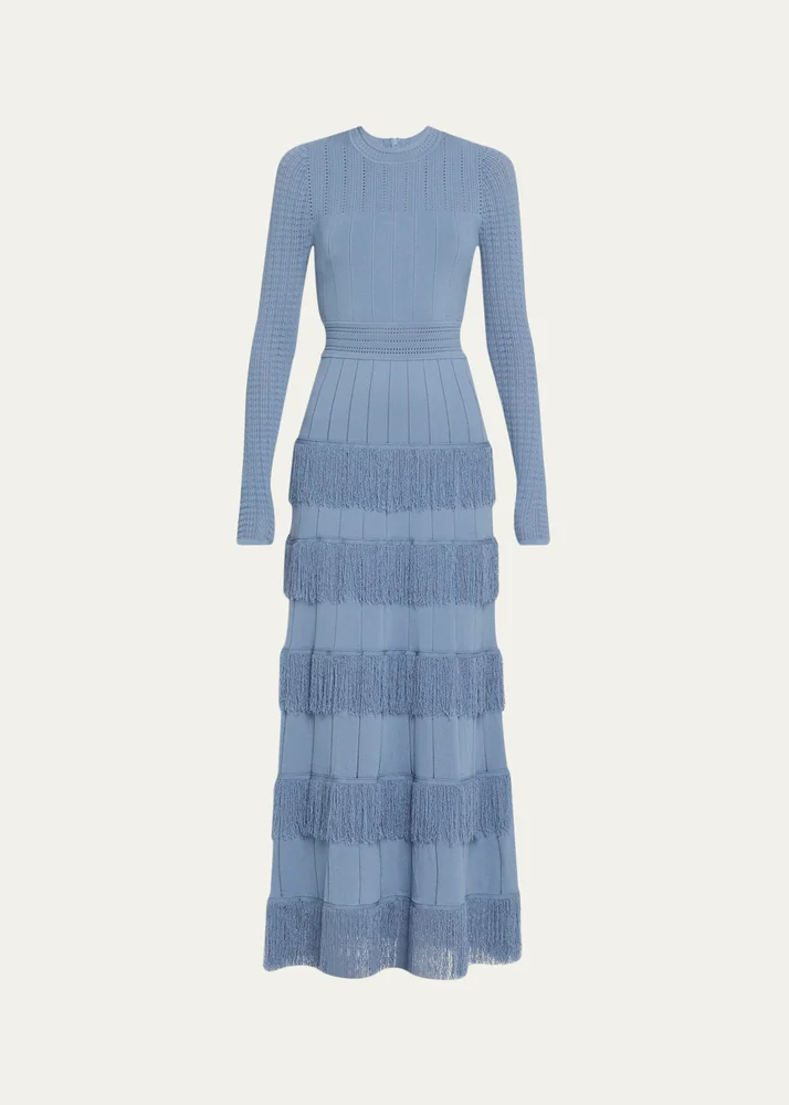 Tiered Fringe Long-Sleeve Maxi Dress