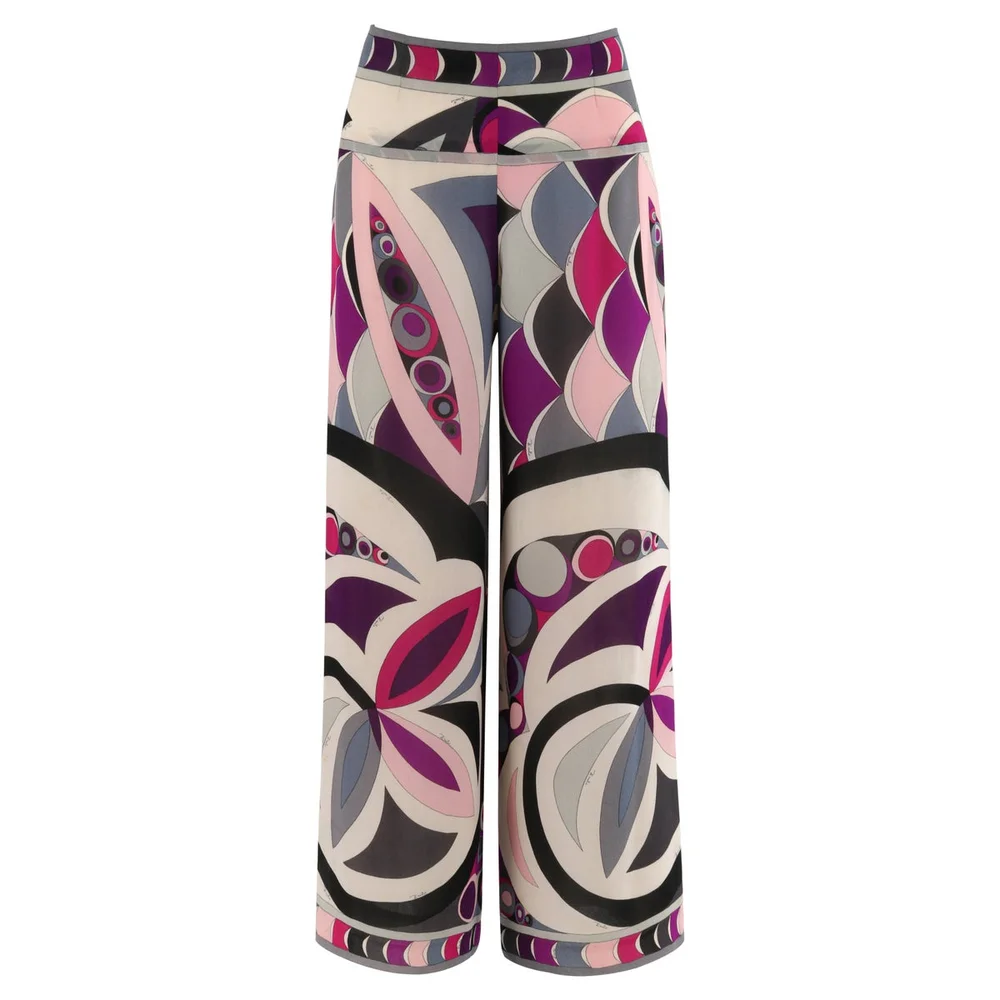 Emilio Pucci c.1960s Multicolor Scripture Print Silk Wide Leg Trouser Pants