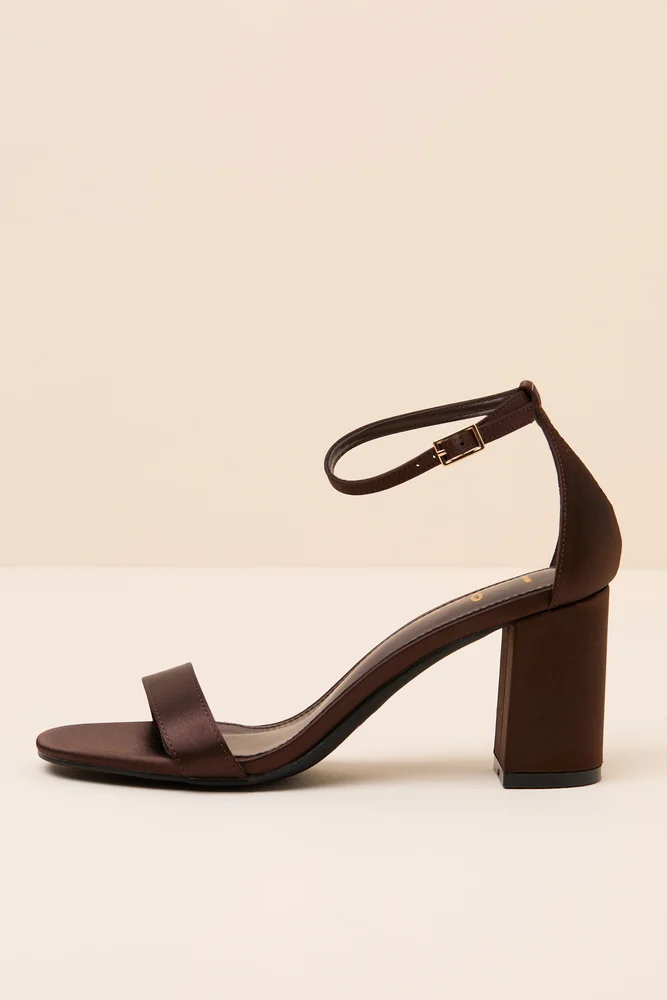 Arylee Dark Brown Satin Ankle Strap Heels
