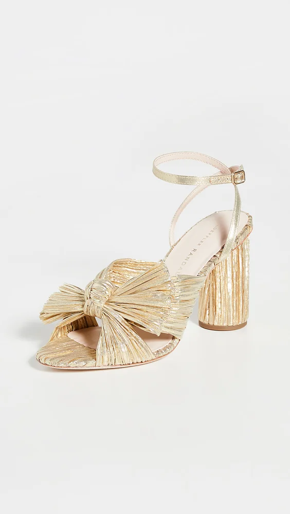Camellia Gold Pleated Bow Heel with Ankle Strap