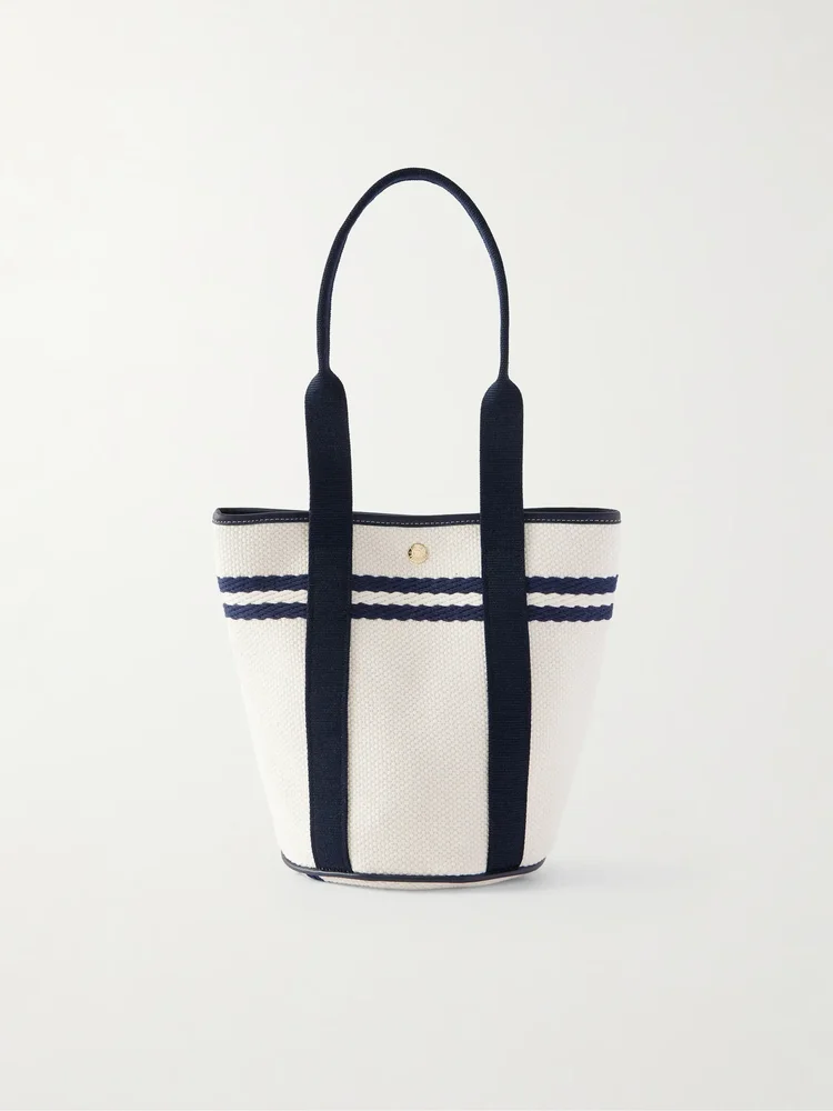 Bucket leather and webbing-trimmed canvas tote