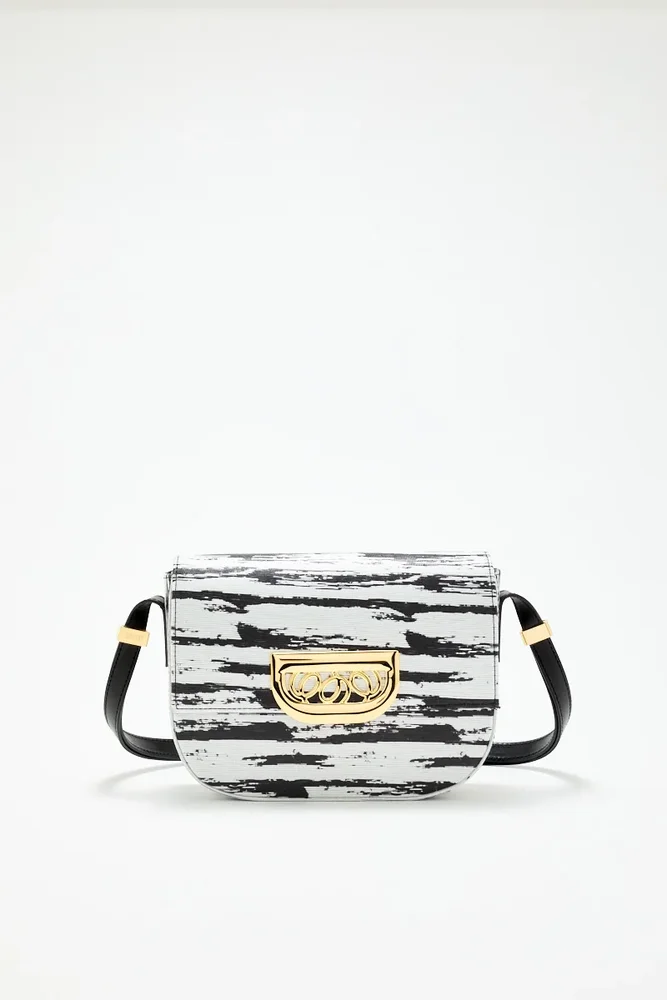 Geometric crossbody brush black bag with golden clasp