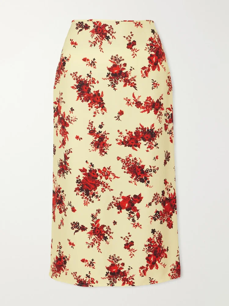 Floral-print satin midi skirt
