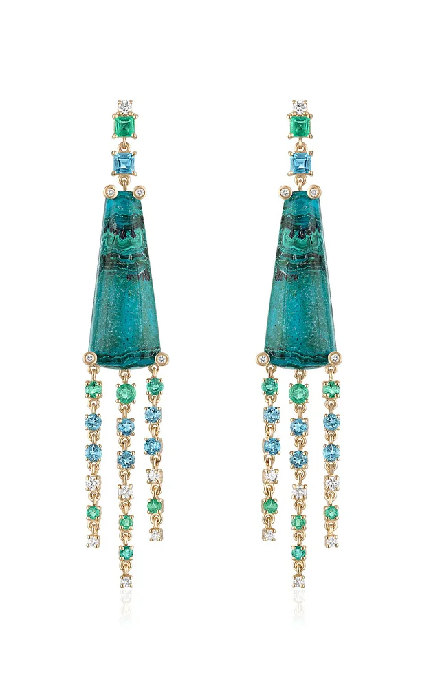 14K Yellow Gold Malachite and Diamond Fringe Earrings