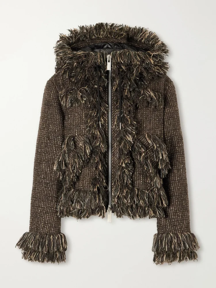 Wool-blend frayed tweed zip-up jacket