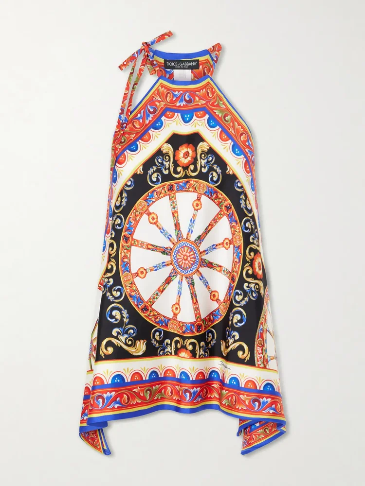 carretto printed halterneck satin top
