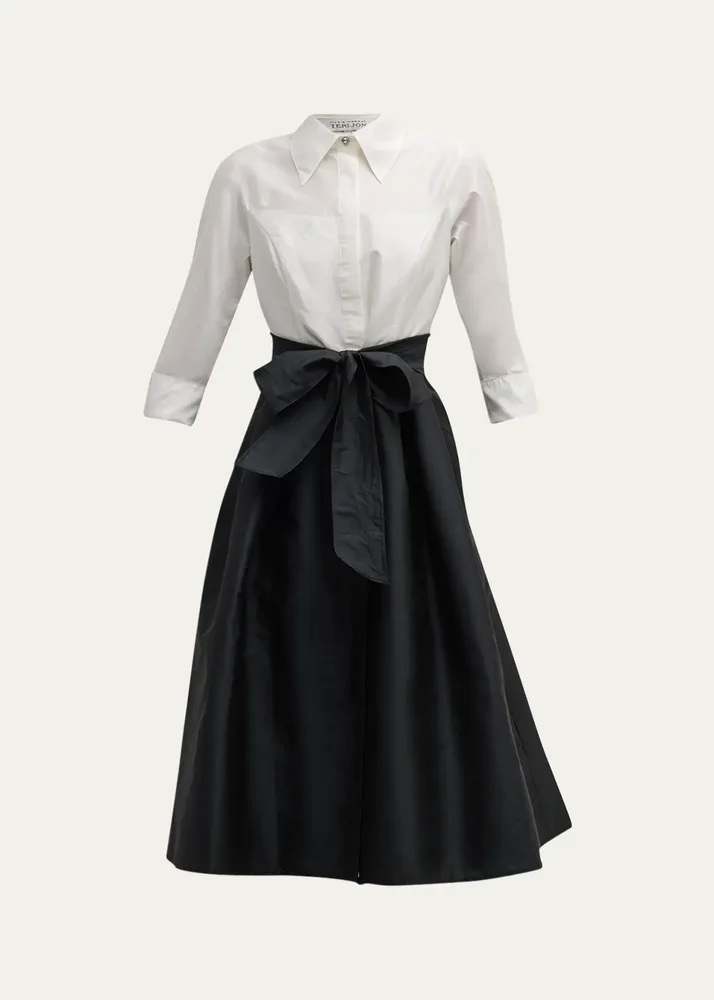 Two-Tone 3/4-Sleeve Taffeta Shirtdress