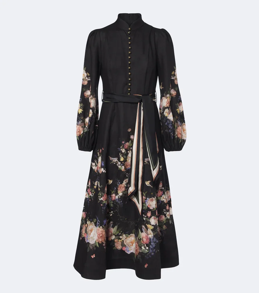 Valiant belted floral linen midi dress