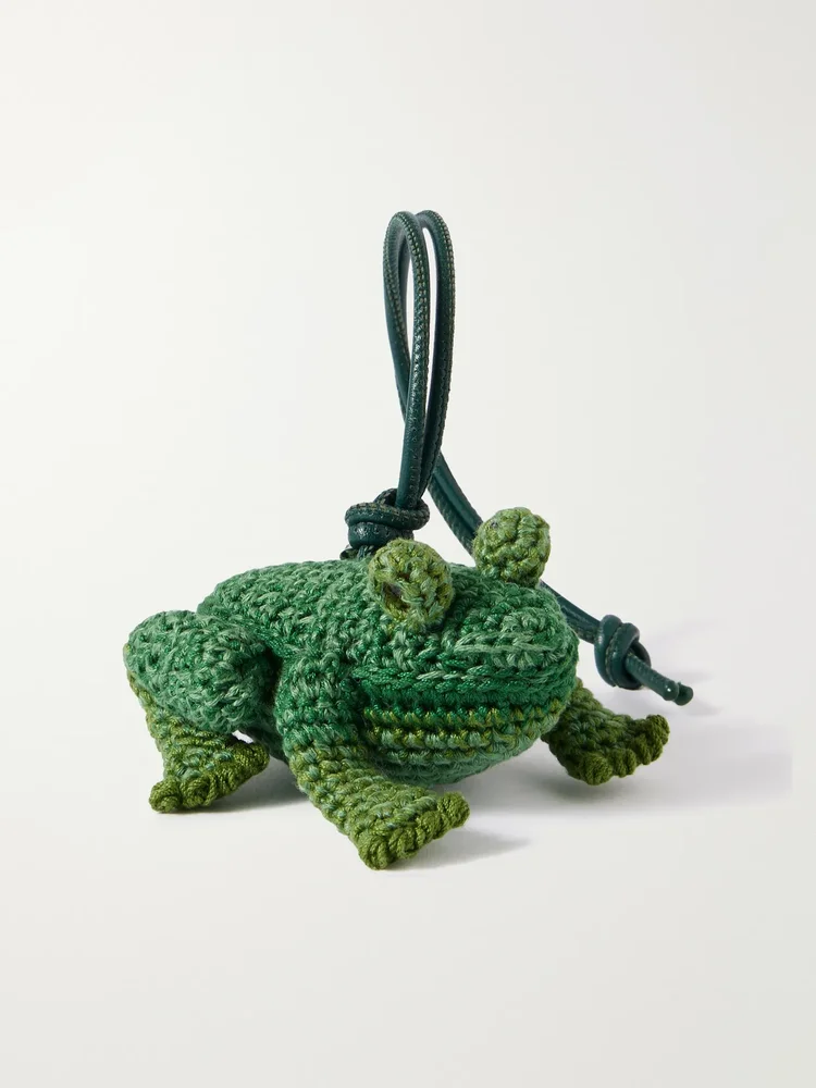 Frog crocheted cotton and leather bag charm