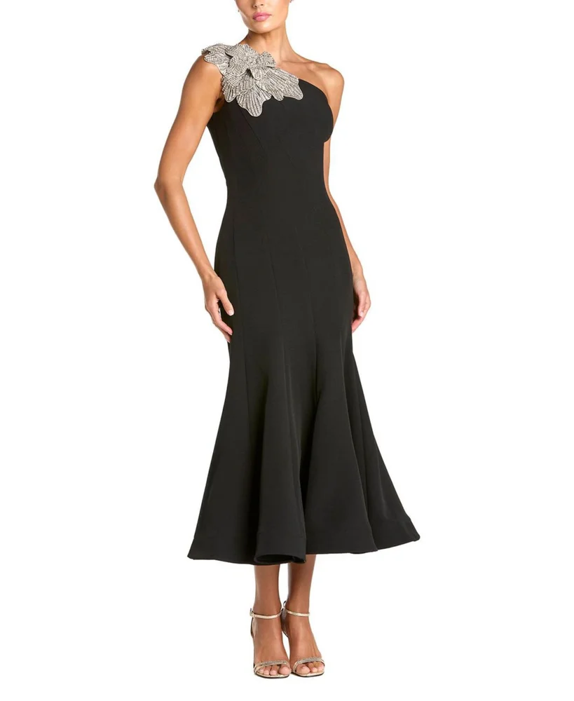 Crepe One Shoulder Mermaid Midi Dress With Flower