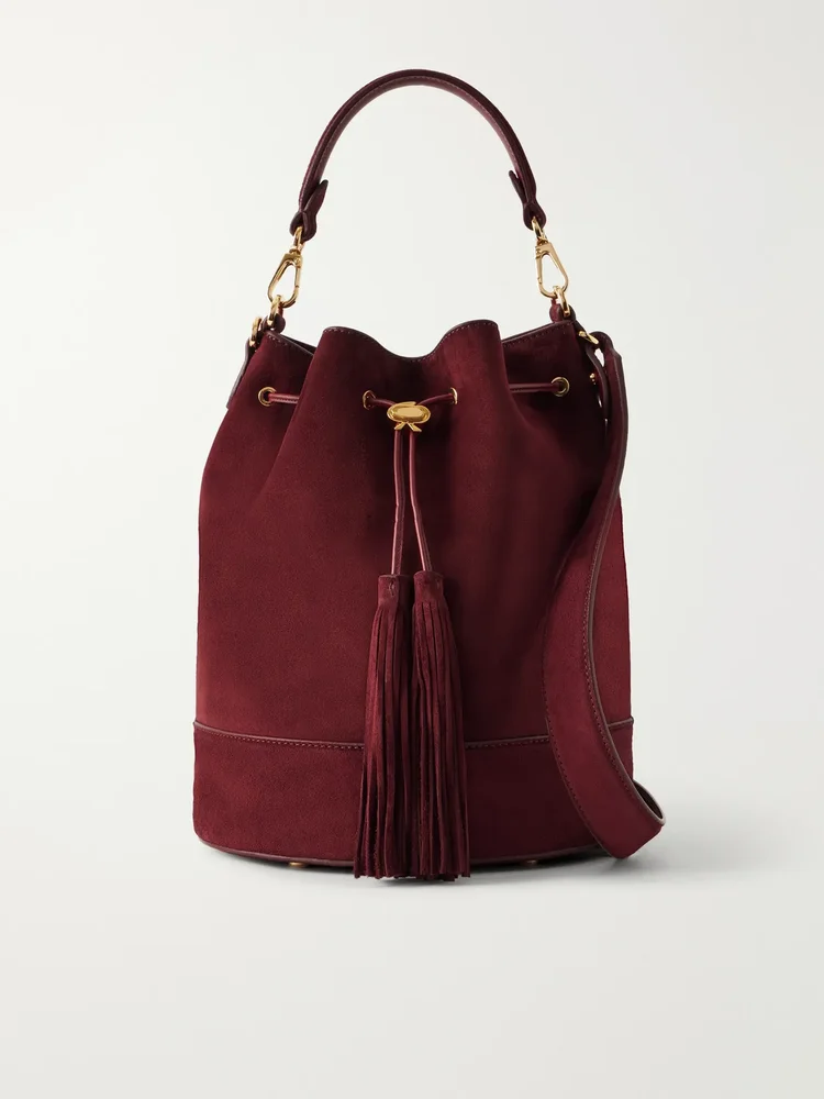 Sienna tasseled suede drawstring bucket bag