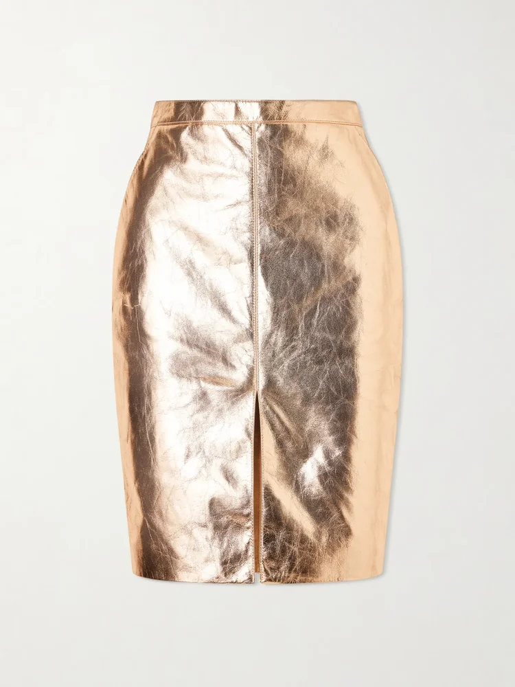 Metallic leather midi skirt