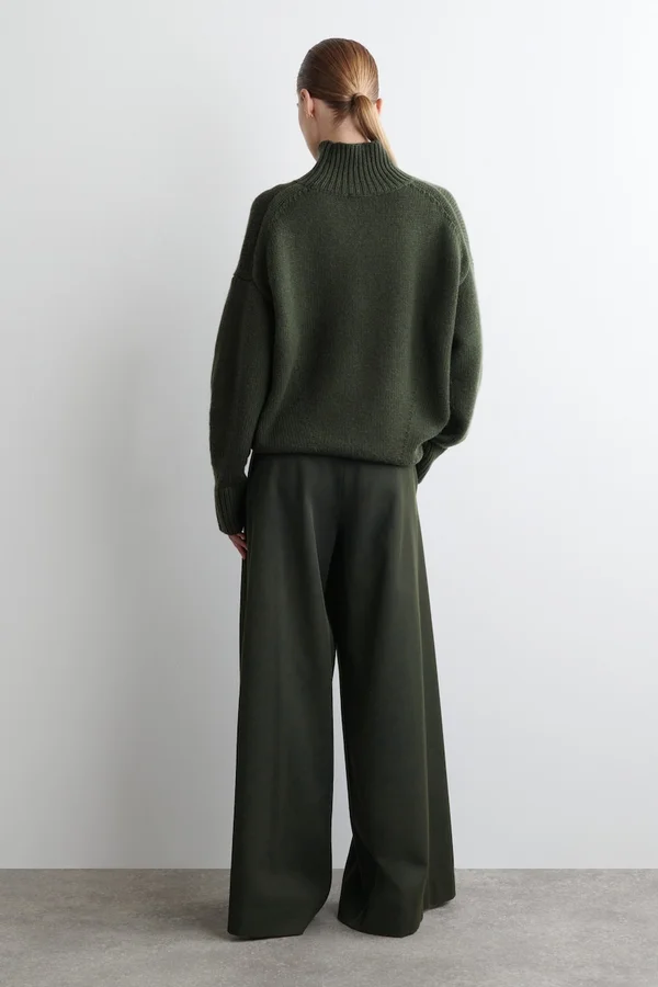 RELAXED WOOL-BLEND WIDE-LEG PANTS - DARK GREEN
