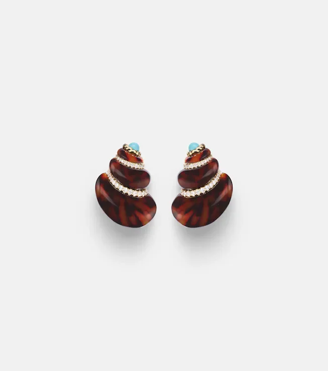 Coquillage 9kt gold earrings with diamonds and turquoise