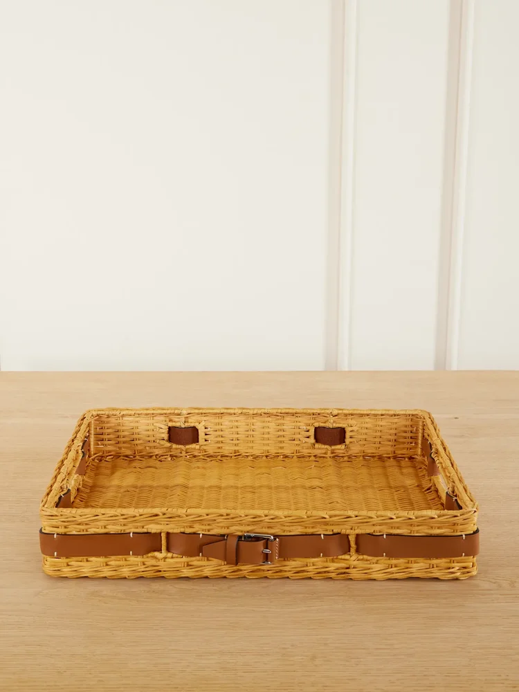 Bailey leather-trimmed rattan tray