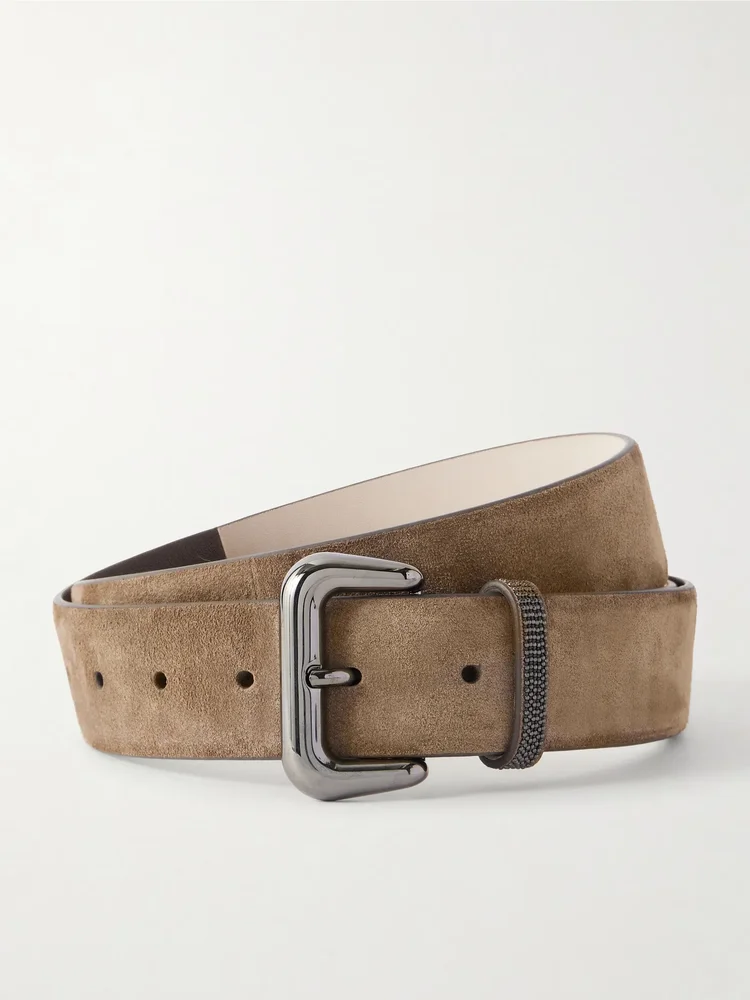 Monili-embellished suede belt